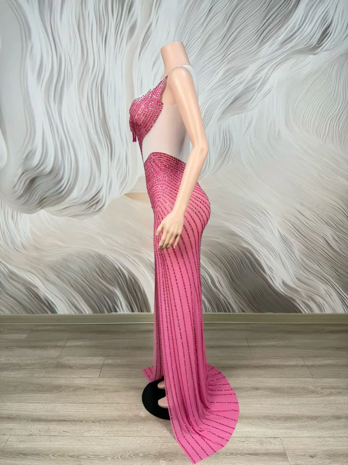 Mulan Elegant Fuchsia Full Rhinestone Mermaid Evening Dress Single Fringe Sleeve Cutout Waist High Slit Birthday Gala Gown view 6