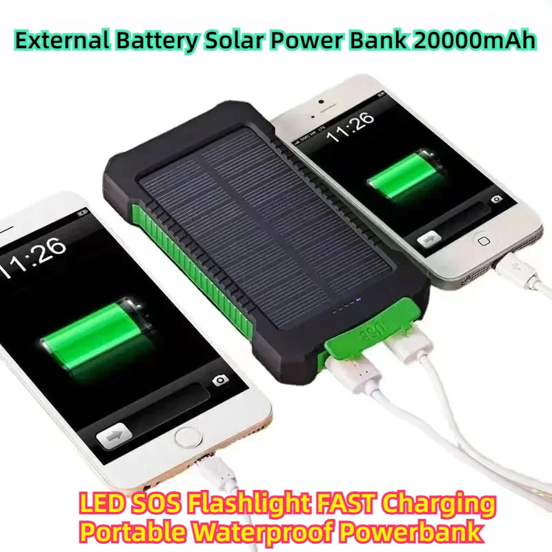 External Battery Solar Power Bank 20000mAh LEDSOS Flashlight FAST Charging Portable Waterproof Powerbank for Smart Mobile Phone