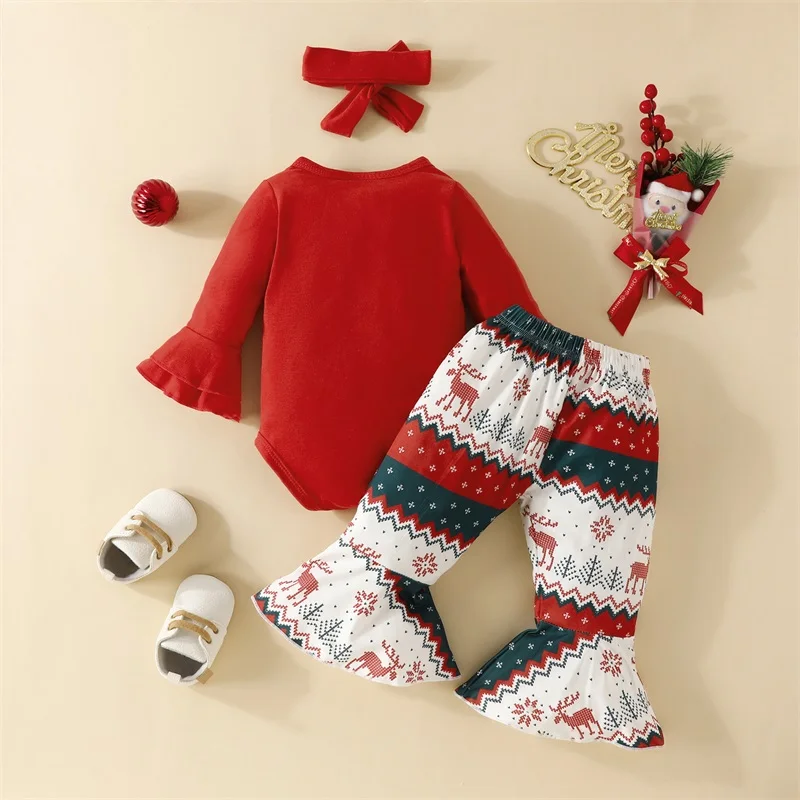 Conjunto de férias de inverno para meninas pequenas, macacão de manga comprida com estampa de rena, calças flare, faixa de cabeça, roupa de Natal