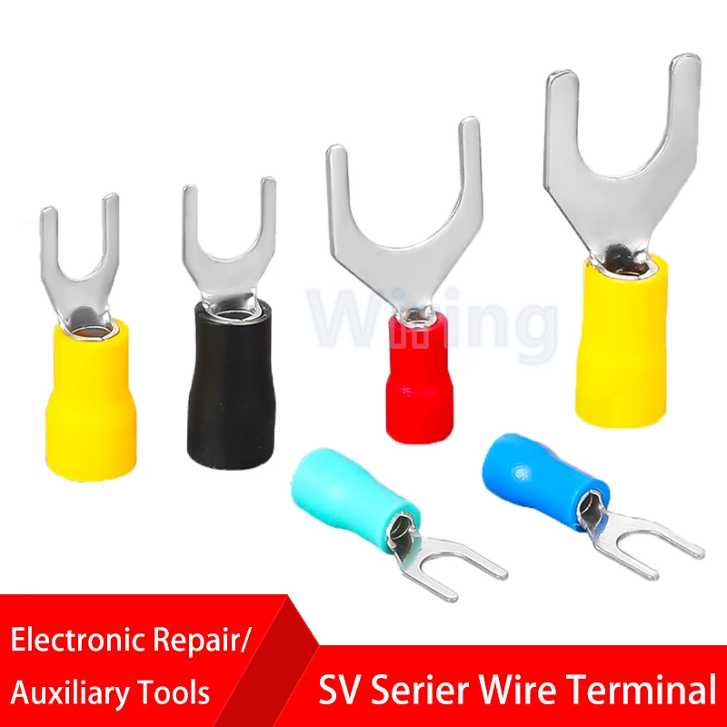 100Pcs SV Type Wire Spring Terminal SV1.25 SV2  Fork U Y PVC Insulate Ferrules Block Spade Cold Press Cable End Crimp Connector