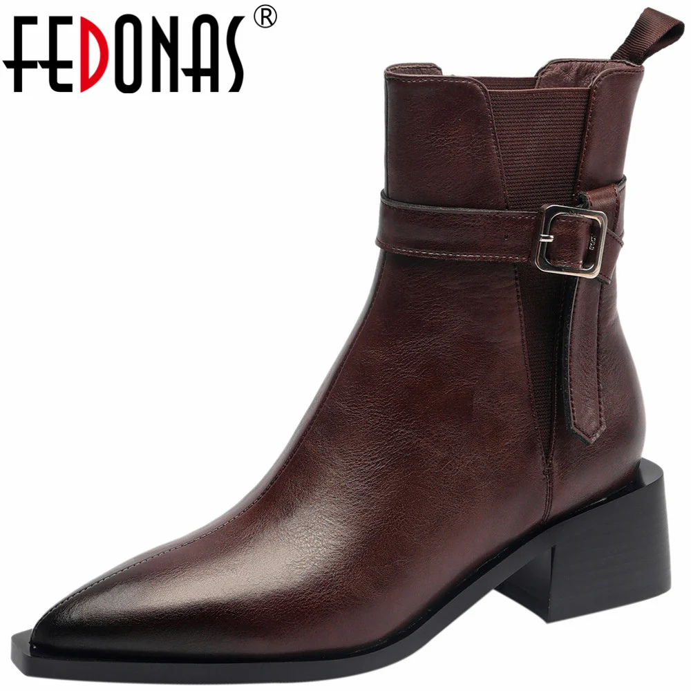 

FEDONAS Women Genuine Leather Ankle Boots Pointed Toe Square Heeled Mature Shoes Woman Autumn Winter Office Lady Chelsea Boots