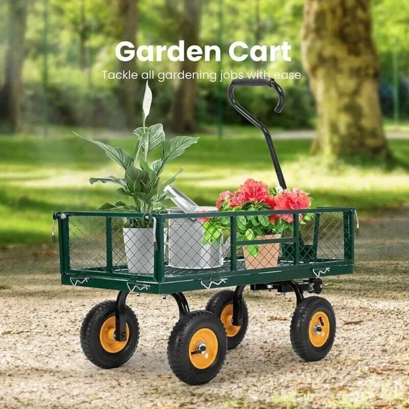 Heavy Duty Capacity Mesh Steel Garden Cart Folding Multipurpose Vehicle Detachable Sides, Yard Dump Cart Steel Lawn Multipurpose