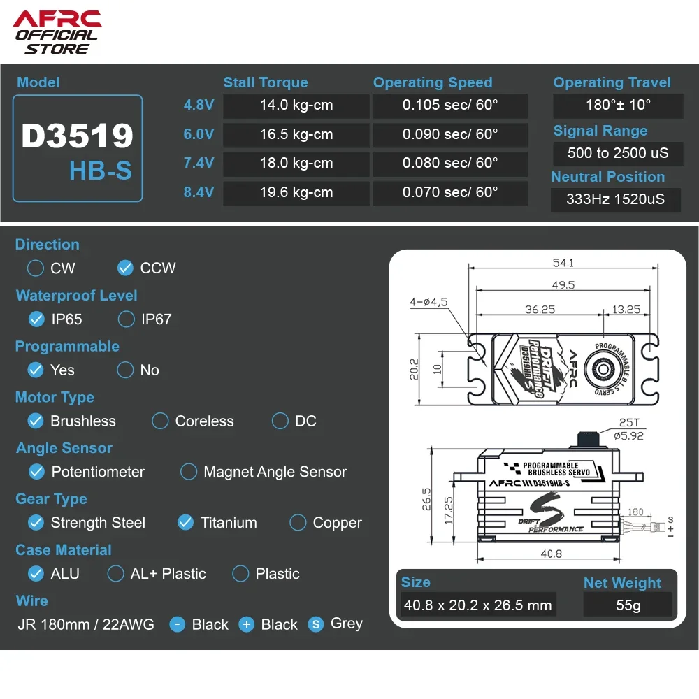 AFRC D3519HB-S HV Brushless Servo Programmable for 1/10 1/12 Off Road Touring Drift RC Car Airplanes DIY Assembly Upgrading