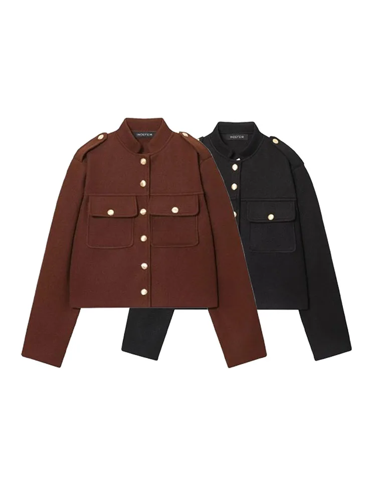 

Женская осенняя мода 202, повседневная однобортная короткая куртка, шерстяное короткое пальто, женское базовое пальто с длинными рукавами и карманами