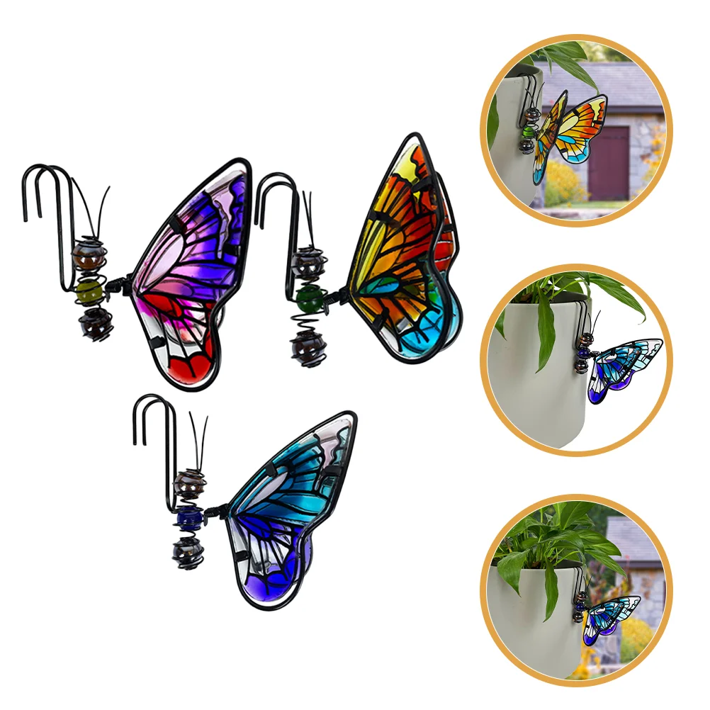 3 Pcs Flower Pot Decoration Pendant Potted Plant Hanger Adorn Butterfly Figurine Planter Adornment Iron Ornament Personality