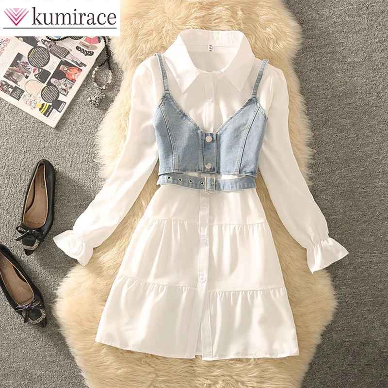 New Spring 2024 Hong Kong Style Retro Long Sleeved Single Breasted Shirt Dress with Two-piece Denim Camisole Vest Dress Sets