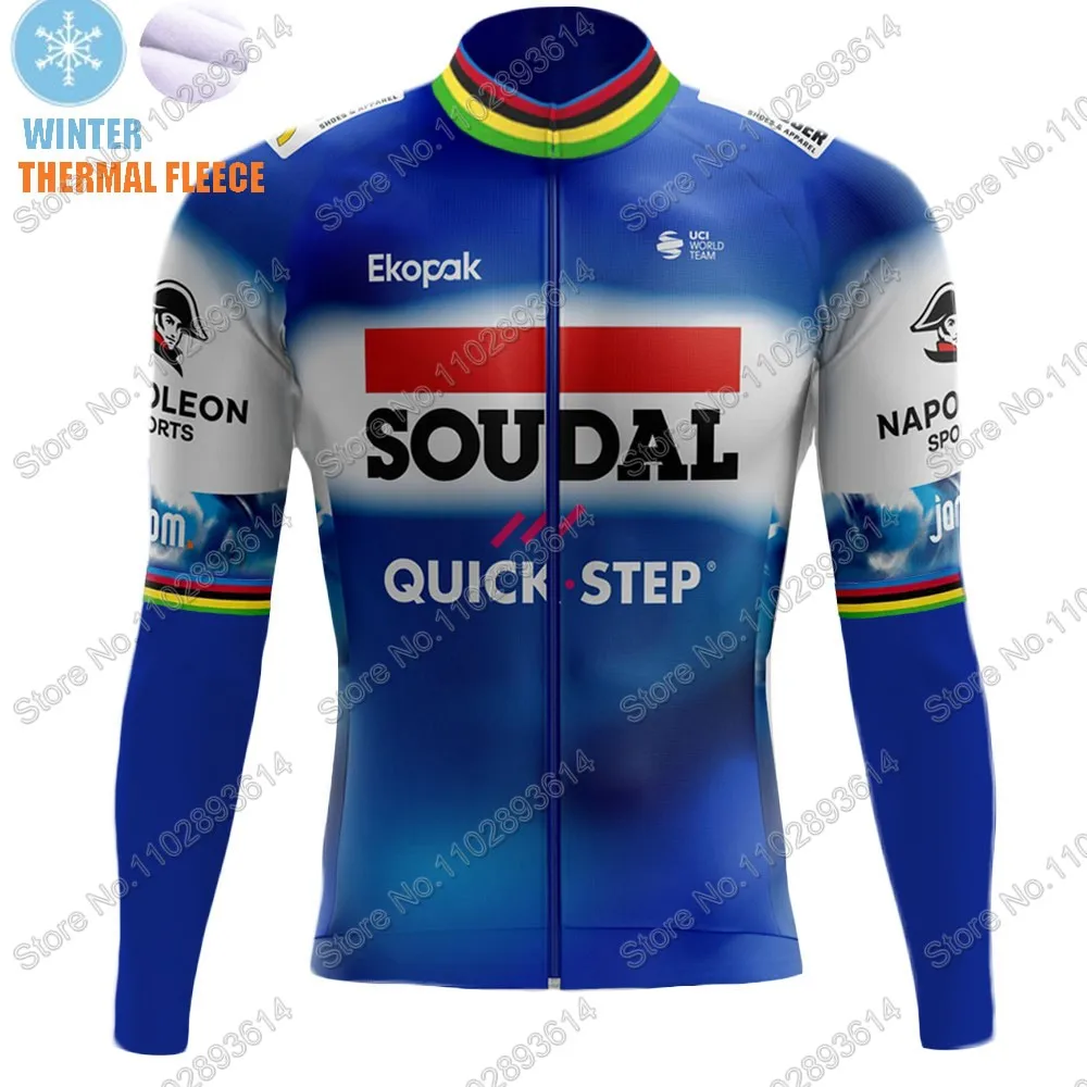 Soudal Quick Step Team Winter 2024 Cycling Jersey Clothing Set Thermal Fleece World Champion Long Sleeve Pants Bib Bike Suit MTB