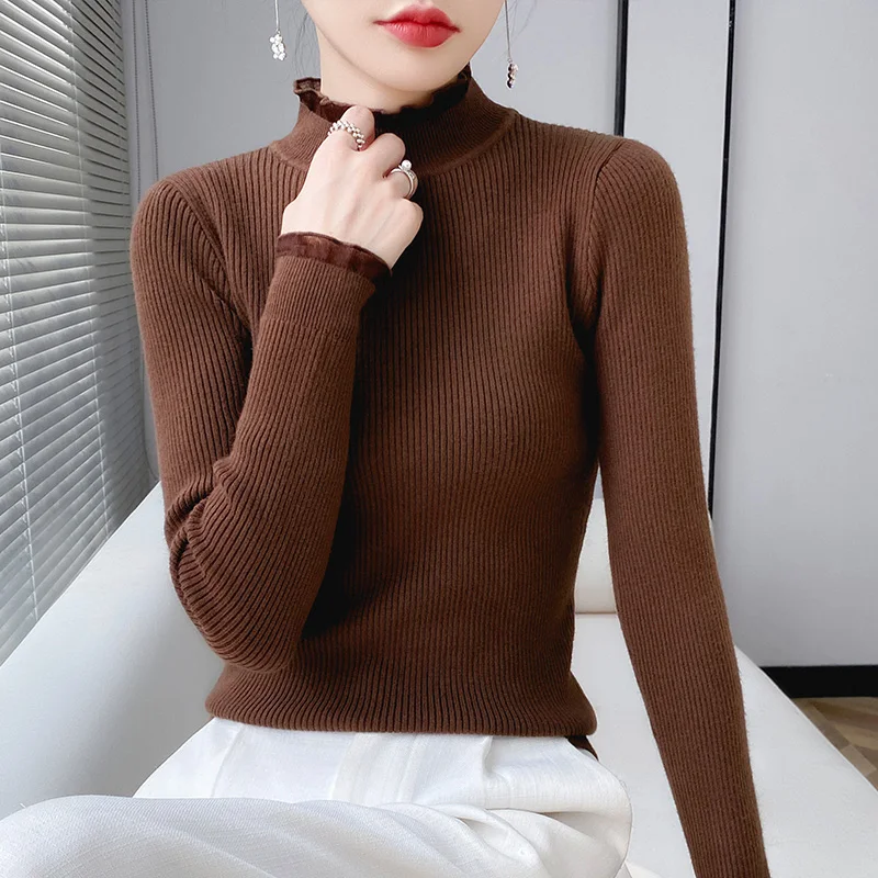 Autumn Winter Mock Neck Cashmere Sweater Women Solid Knitted  Casual Slim Pullover Fashion Cashmere Simple Chic Jumpers