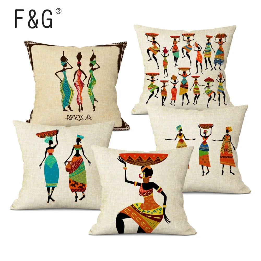 African Woman Cushion Cover Africa Ethnic Dancing Lady Pattern Pillow Covers Linen Pillow Case for Bedroom Sofa Decoration