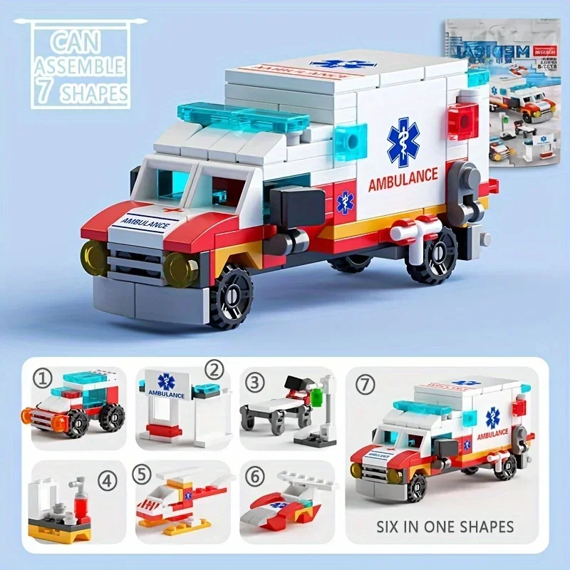 Mini size 6 In 1 Building Blocks DIY Police Car Fire Truck Castle Model Bricks Kids Educational Toys Gifts