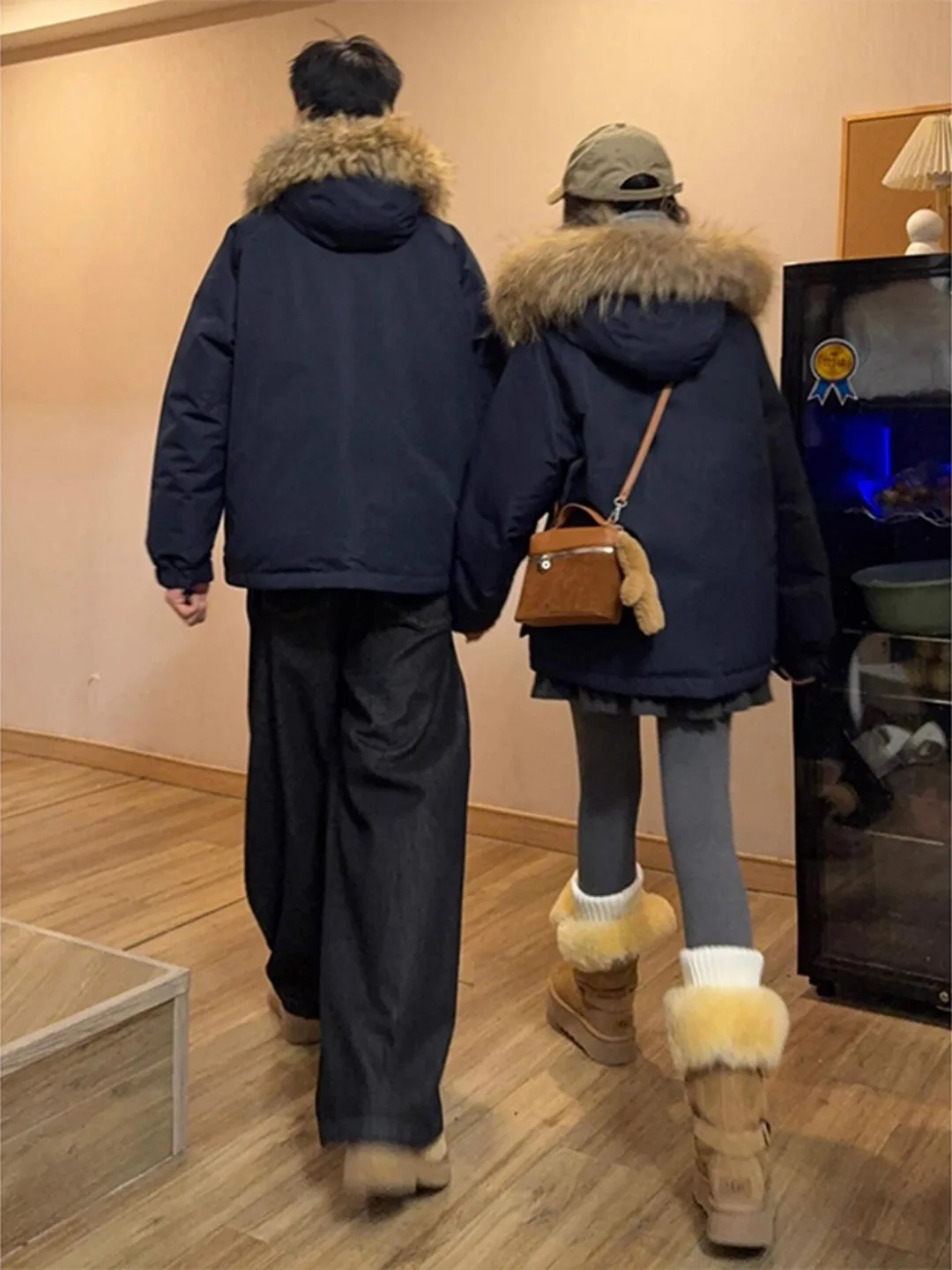 

Thiened Winter Cotton Jaet Hooded Coat Men Women Sle Warm Large Fur Collar Couple Outerwear Casual Cleanfit Long Sve