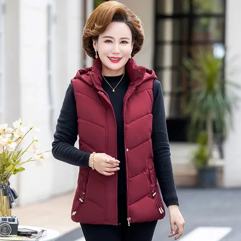 2024 New Winter Parkas Vest Jacket Women Middle Aged Waistcoat Sleeves Down Cotton Plus Velvet Warm Coats Female Casual Overcoat