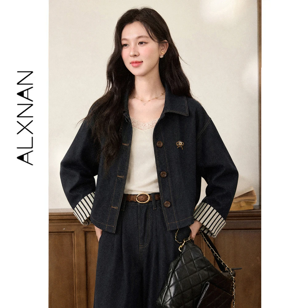 ALXNAN Vintage Blue Denim Short Jacket for Women Fall Korean Style Collared Short Coat 2026 Elegant Long Sleeve Outwear L681185A