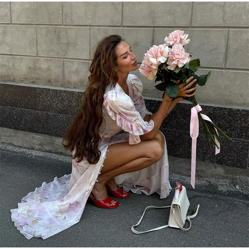 Elegant Ruffle Women's Long Dresses V Neck Half Sleeve Button Waist Cinching Pleated Dress 2026 Spring Lady Fashion Party Robes