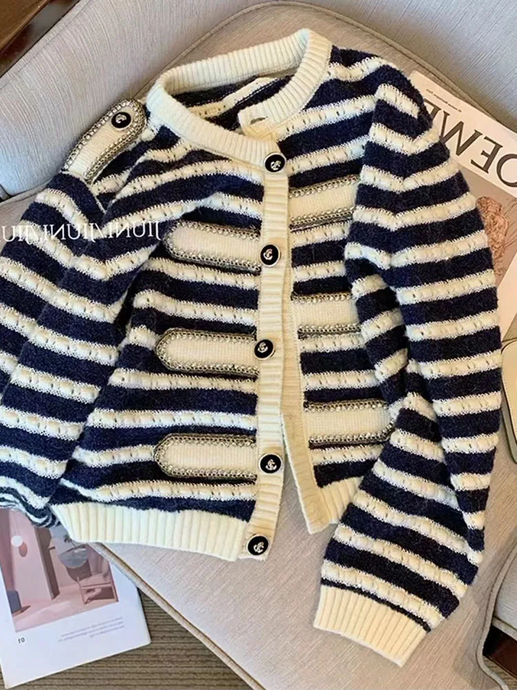 French Elegance Women Basic Striped Cardigan New Design Fashion Pullover 2000s Aesthetic Knitted Sweater Classical Streetwear