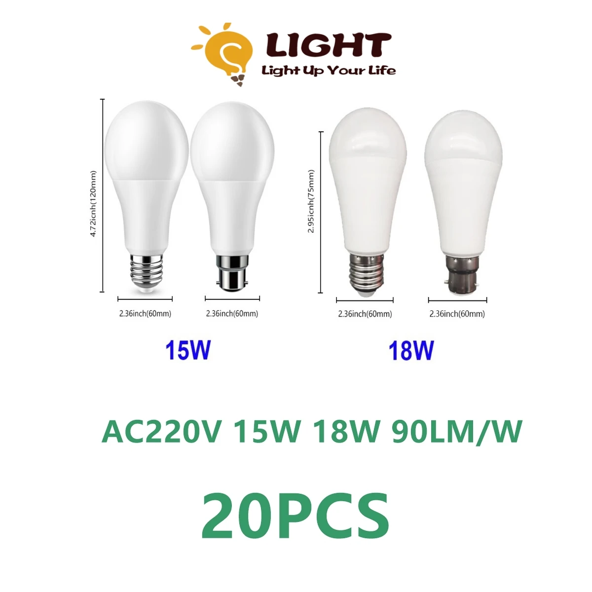 20pcs LED Bulb Lamps A60 E27 B22 AC220V-240V 15W 18W high Power 3000K/4000K/6000K Lampada Energy Saving Lamp