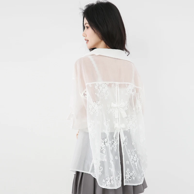 

New Summer Fashion Women French Transparent Mesh Lace Blouses 2025 Loose Long Sleeve White Shirts Casual Ladies Streetwear Tops