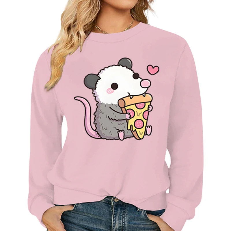 

Lovely Opossum Pizza Hoodies Women Fashion Cartoon Animal Pullover O-Neck Kawaii Opossum Women's Clothing Long Sleeve Sweatshirt