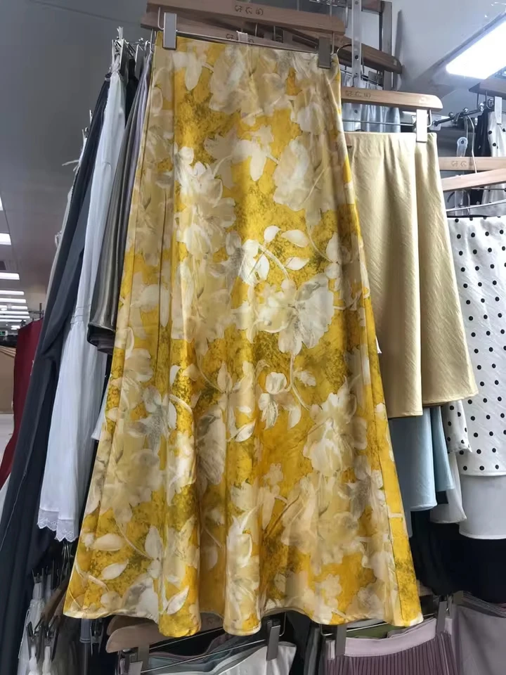 New 2026 Satin Floral Printed Fishtail Women's Skirts Spring Summer A-line High-waisted Slimming Bodycon Long Skirt