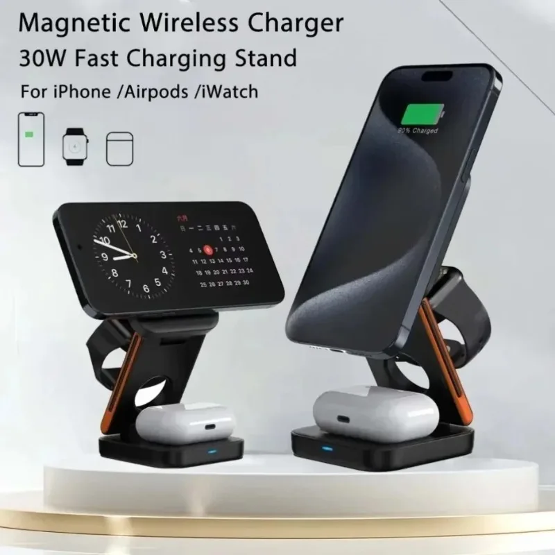 3 in 1 30W Fast Charging Station Foldable Magnetic Wireless Charger for iPhone 17 16 15 14 13 12  Pro Max iWatch 10-2 Airpods
