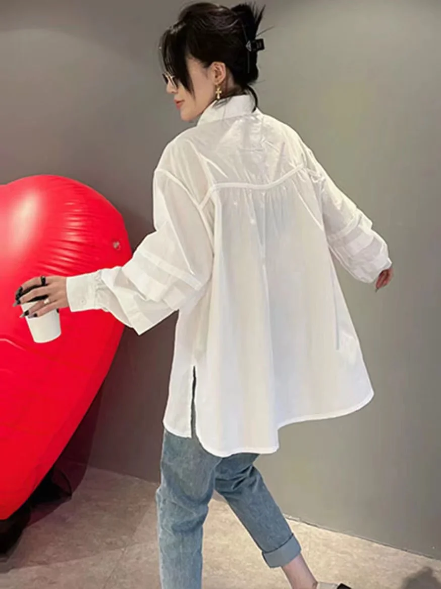 Korean Popular Clothes Diamonds Stitch Collar Elegant Blouse Spring  All-match Tops  Lantern Long Sleeve Loose Casual Shirts