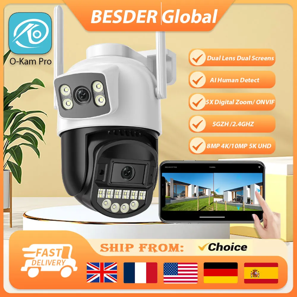 BESDER 5K 10MP WiFi Surveillance Camera 5Ghz Dual Lens Real-time intercom AI Human Detect 8MP 4K Outdoor Security PTZ IP Cameras