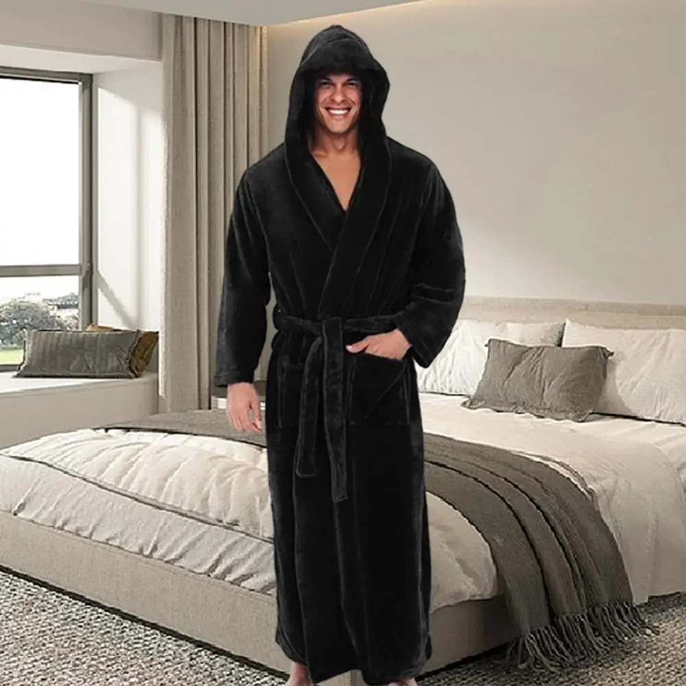 Hooded Fleece Bathrobe Luxurious Men\'s Hooded Bathrobe Super Soft Fluffy Highly Absorbent with Adjustable Belt Solid Color