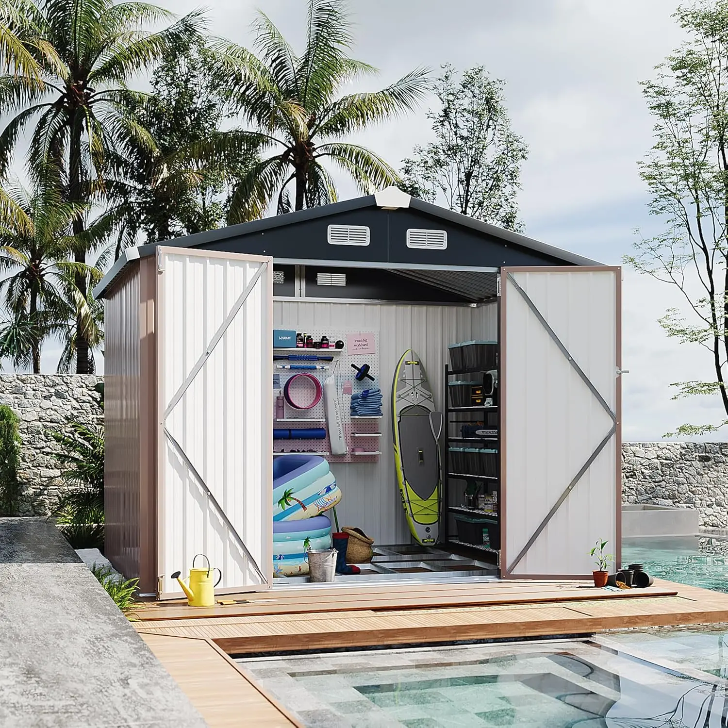 Cobertizo de almacenamiento al aire libre de 8,5 pies x 5,6 pies, casa de almacenamiento de herramientas de utilidad de acero de Metal con puerta y cerradura, para jardín de patio trasero, marrón