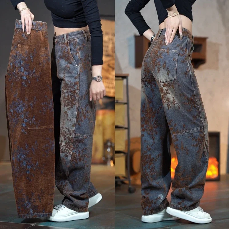 

Теплые мужские джинсы свободного кроя с флисовой подкладкой и вышивкой, стильные повседневные прямые брюки из хлопкового денима для осени и зимы