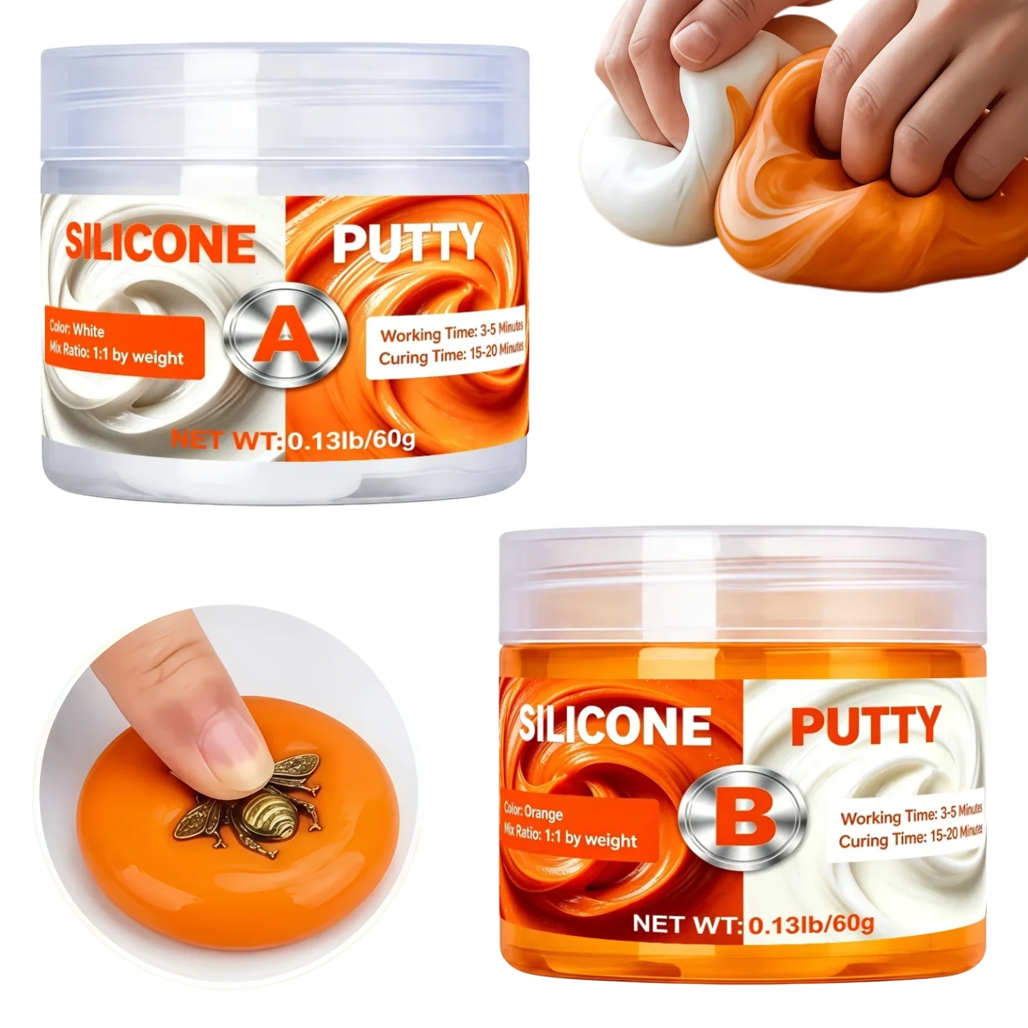 Kit de mastic en silicone pour loisirs créatifs, flexible et durable, pour projets d'art en résine et moules (Orange)