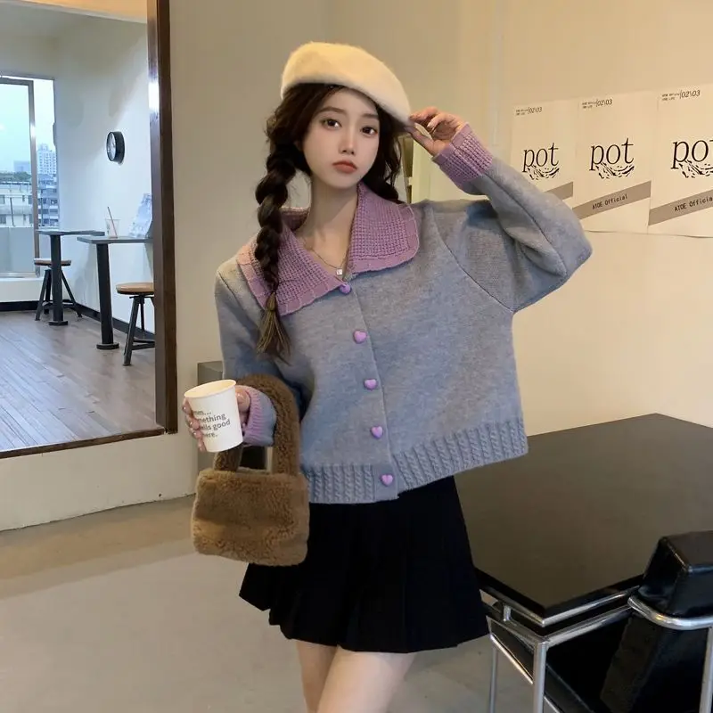 Peter Pan Collar Contrasting Colors Sweater Women Autumn Winter Loose Knitting Cardigan Sweet All-match Fashion Knitwear Tops