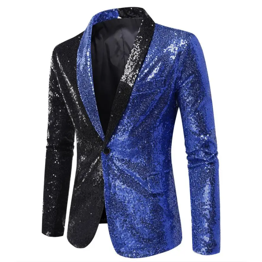 Shiny Gold Sequins Blazer for Men\'s New Slim Fitting Splicing Men\'s Suit Night Club Party DJ Stage Singer Dance Show Dress Homme