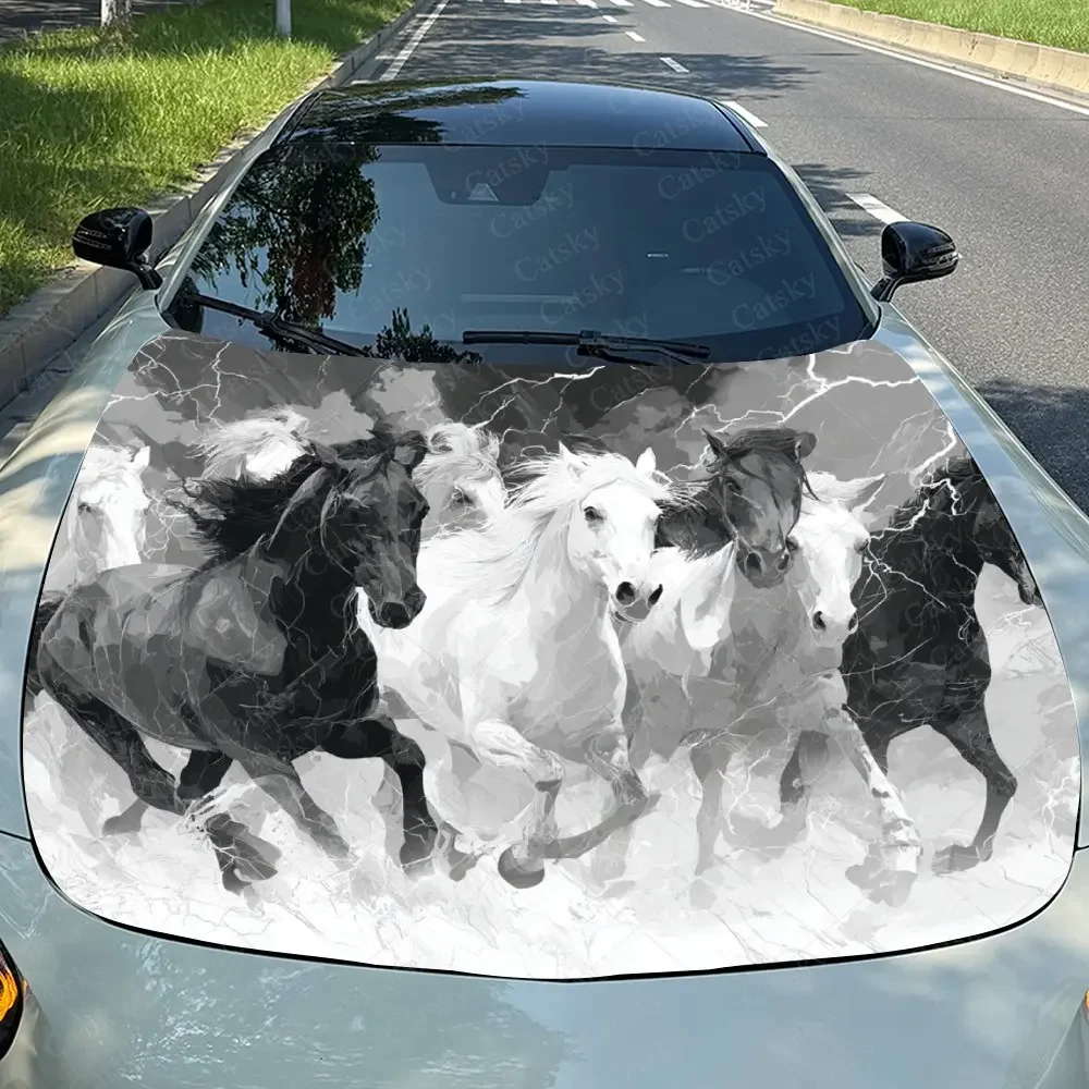 Running Horses Car Hood Sticker, Drum Packaging, Stylish Design, Suitable For Most Vehicles, Engine Hood Protective Film, Vehicl