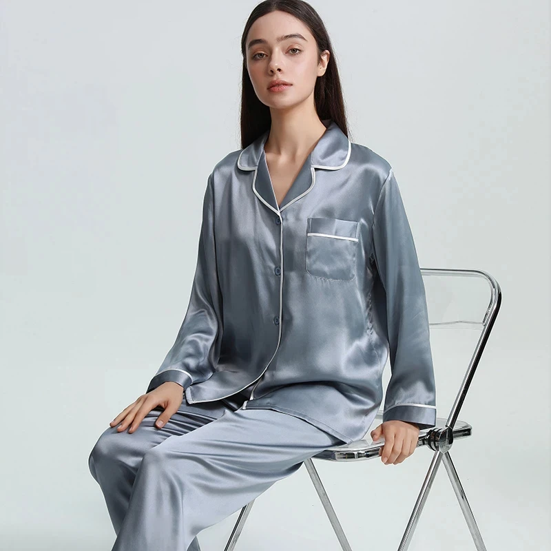 22MM 100% Mulberry Silk Women's Two-Piece Pajamas Long-Sleeved Trousers Nightwear Spring And Autumn Christmas Pajama Homewear PJ