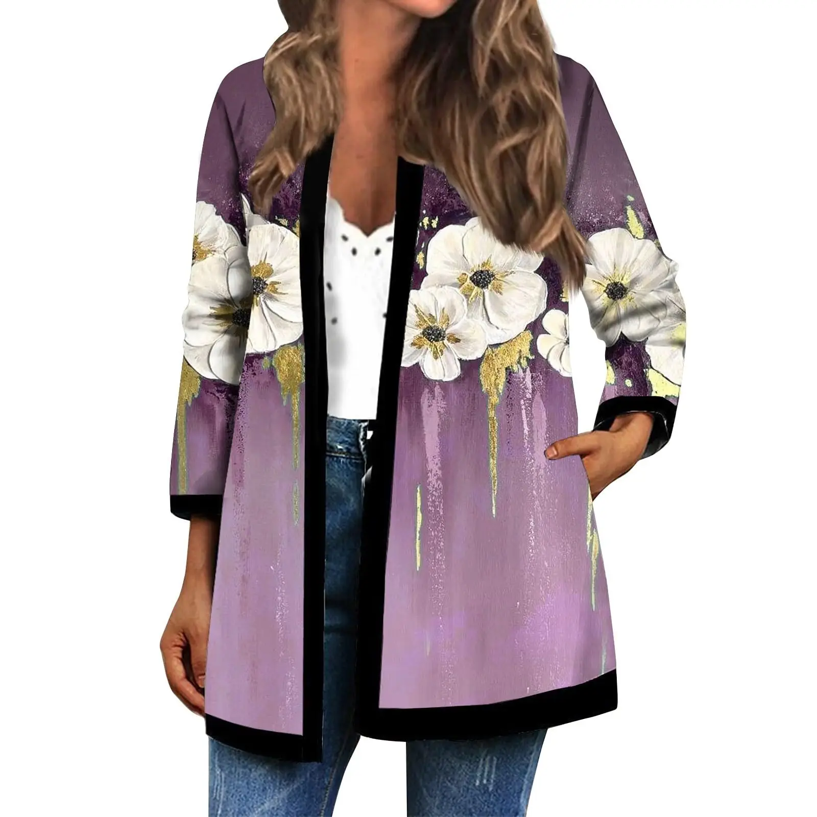 

Женская осенне-зимняя куртка с 3D градиентным цветочным узором и накидкой свободного кроя с открытой передней частью. Повседневная женская одежда из полиэстера