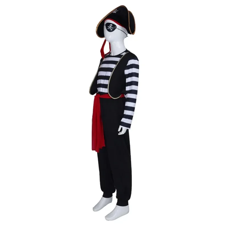 ss13Piraten Kapitän Cosplay Kostüm Kinder Schwarz Weiß Gestreiften Tops Hosen Hut Gürtel Eyeshade Anzug Karibik Piraten Rolle Spielen Hallowe