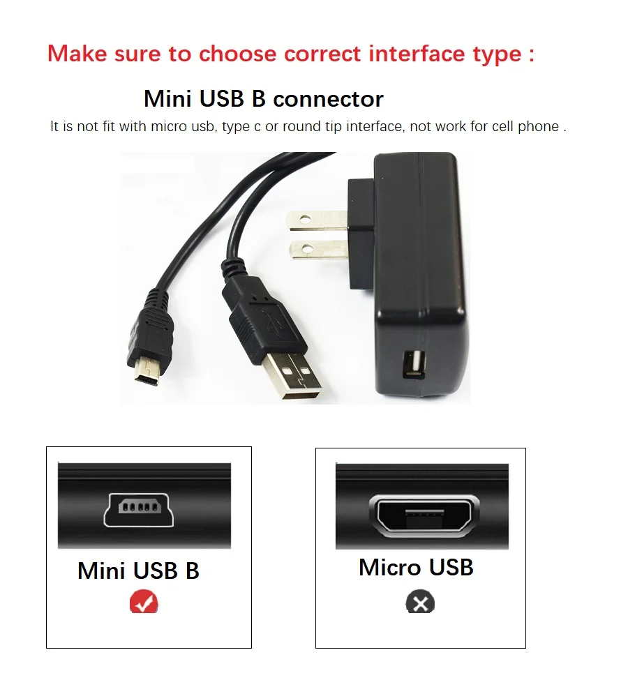 USB 2.0 Type-A to USB Mini-b Male Cable with 5v Wall Plug for PS3 Controller, MP3 Player, Camera, Dash Cam, Garmin GPS, Hero 3+