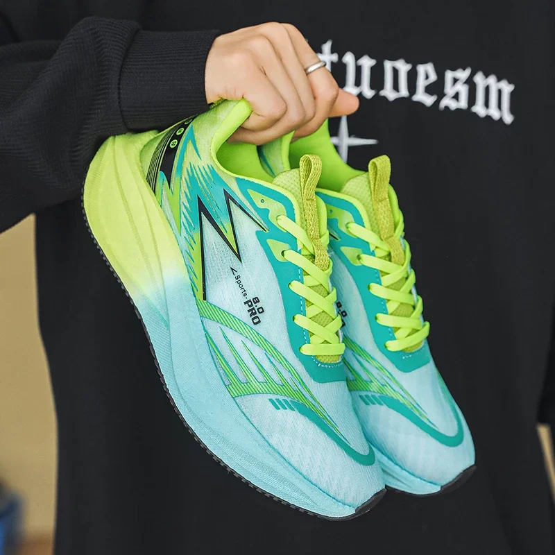 Men Professional Marathon Running Shoes Gradient Color Thin Mesh Breathable Sneakers Lightweight Elastic Race Training
