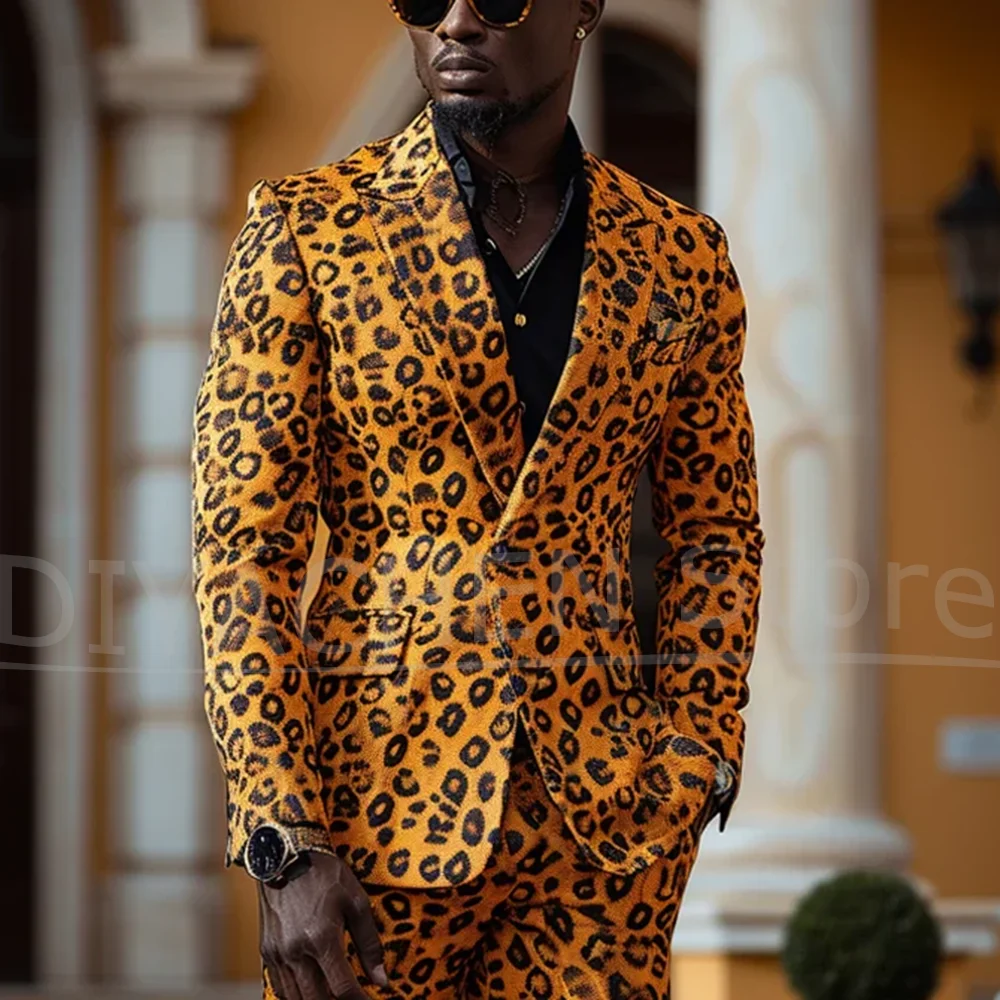 

Men's Leopard Print Suit Set Fashion Peak Lapel One Button Outfit Slim Chic Party Stage Performance Nightclub 2 Piece Suits