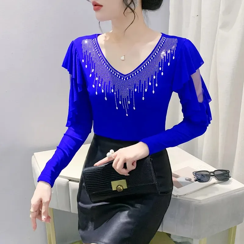 

Autumn Winter Fashion Diamond-encrusted Double-layer Mesh Lotus Leaf Long-sleeved T-shirt Feminine V-neck Slimming Bottoming Top