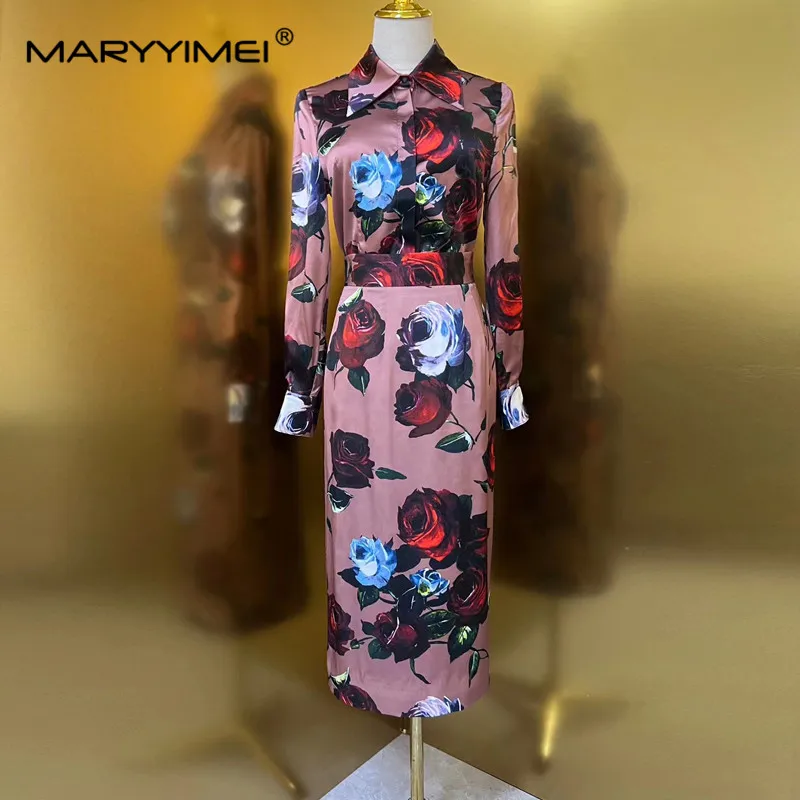 MARYYIMEI New Fashion Runway Designer Women's Silk Lapel Long-Sleeved Single-Breasted Shirt+Silk Wrap Hip Slit Skirt 2-Piece Set