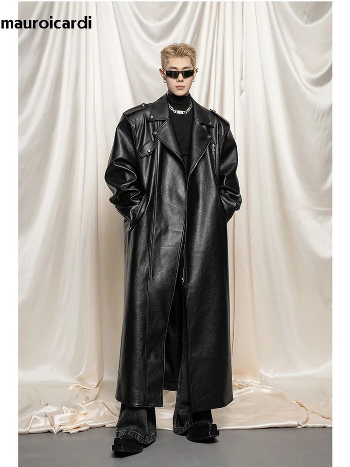 Mauroicardi Spring Autumn Oversized Cool Extra Long Black Pu
