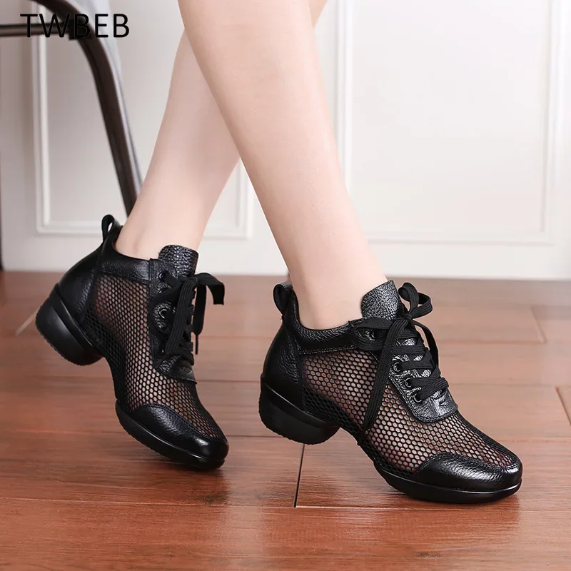 Dance Breathable Shoes Female Sailor Net Sports Shoes Woman Top Layer Modern Dance Jazz Cowhide Square Soft Sole Sneakers