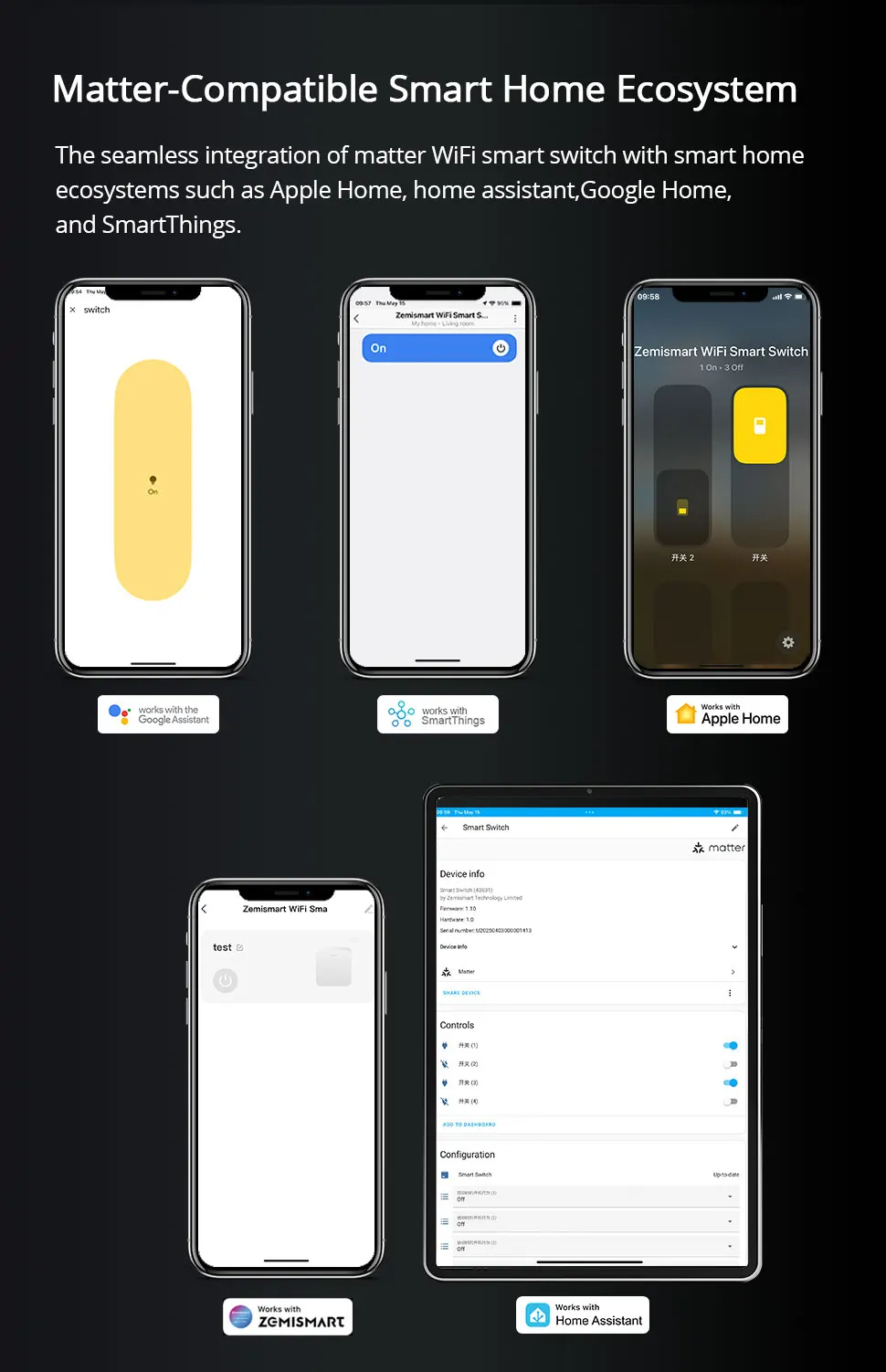 Zemismart Matter WIFi EU DIY Namensschalter mit Bildschirmunterstützung Homekit Google Home Smartthings Home Assistant Control – Detail 3