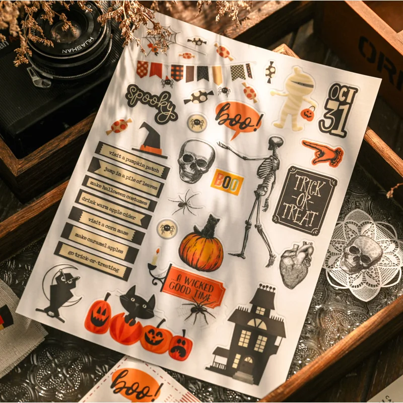 2 Sheet Large Halloween RUB ON Transfer Stickers Junk Journal Vintage Witch Pumpkin Stickers DIY Album Scrapbooking Material