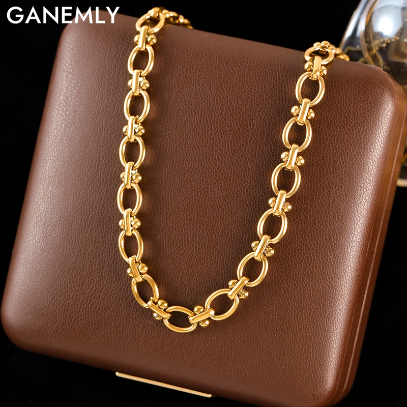 GANEMLY 316L Stainless Steel Creative Gold Color Chain Necklace For Women Fashion Simple Neck Chain Waterproof Jewelry Gift