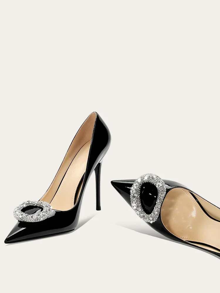 

2025 Women's Shoes Pointed Black Patent Leather Fashionable High Heels