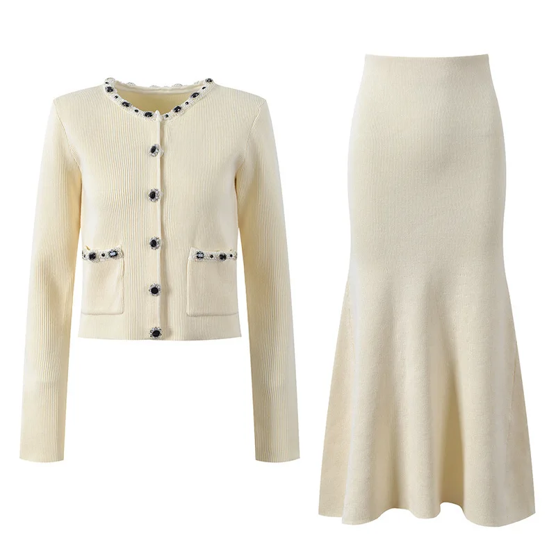 CHUJIE Women's Dress Set 2025 Spring/Summer New French Style Elegant Diamond Button Slimming Round Neck Top+fishtail Skirt Set