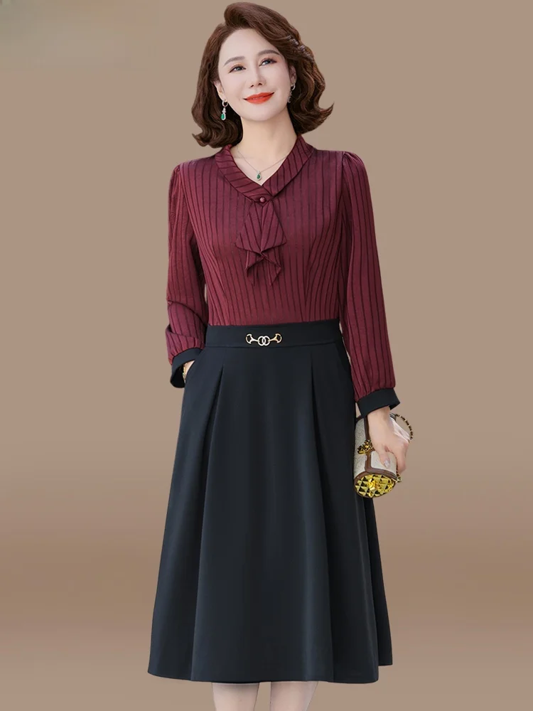 

Spring Faion Polka Dot Dr for Middle-Aged Mothers Midi Skirt Loose Fit V-Ne Long Sve Polyester Fiber Gown