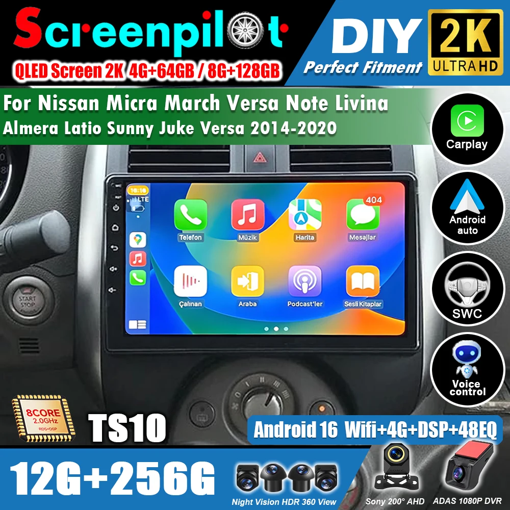 Radio para Auto Android 16 con Carplay y Bluetooth para Nissan Micra, March, Versa Note, Livina, Almera, Latio, Sunny, Juke, Versa 2014-2020, 2Din